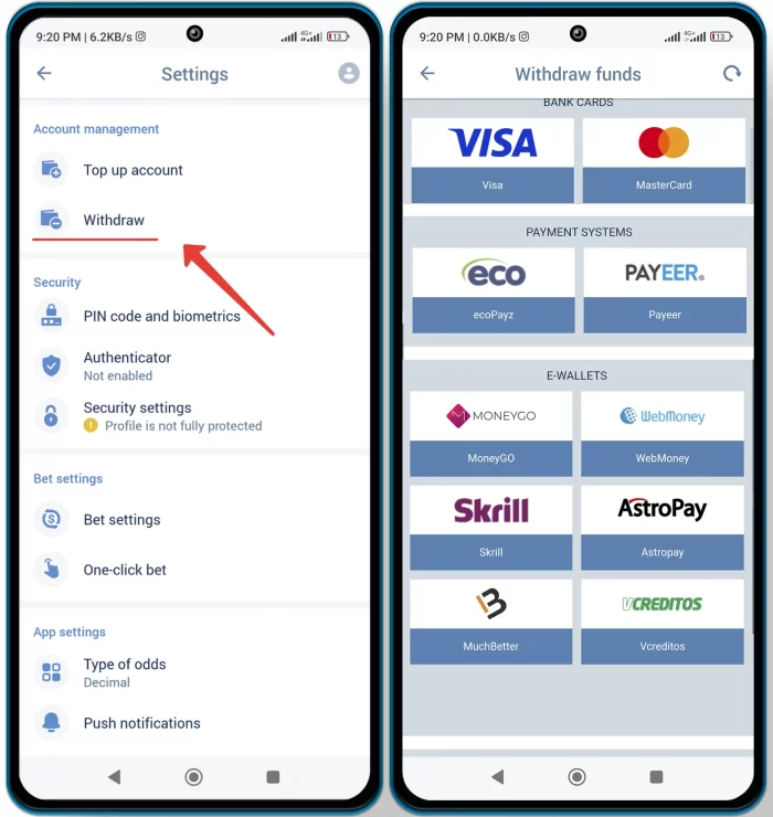 1xBet App Payment Methods